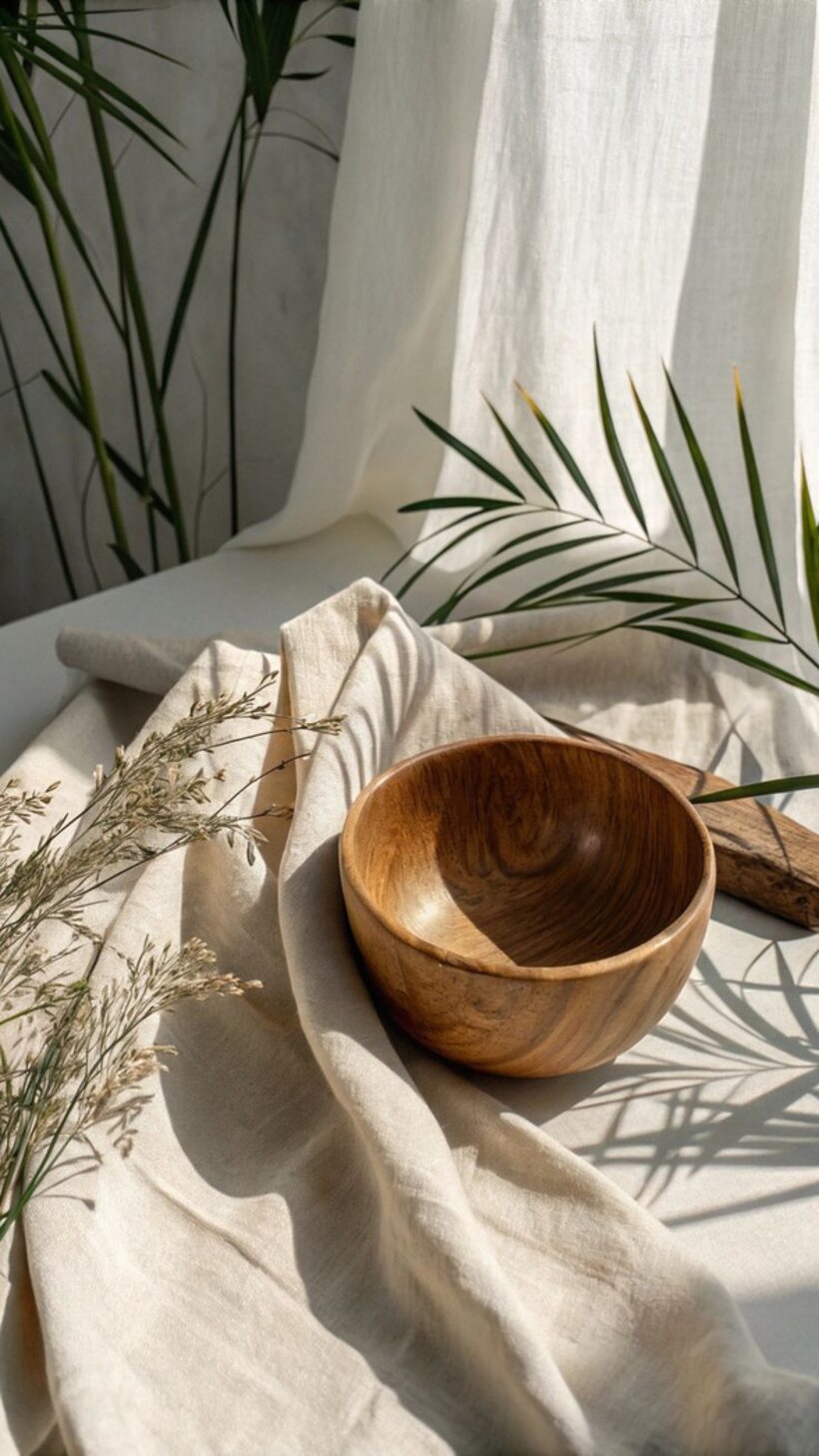 A wooden bowl on linen in daylight